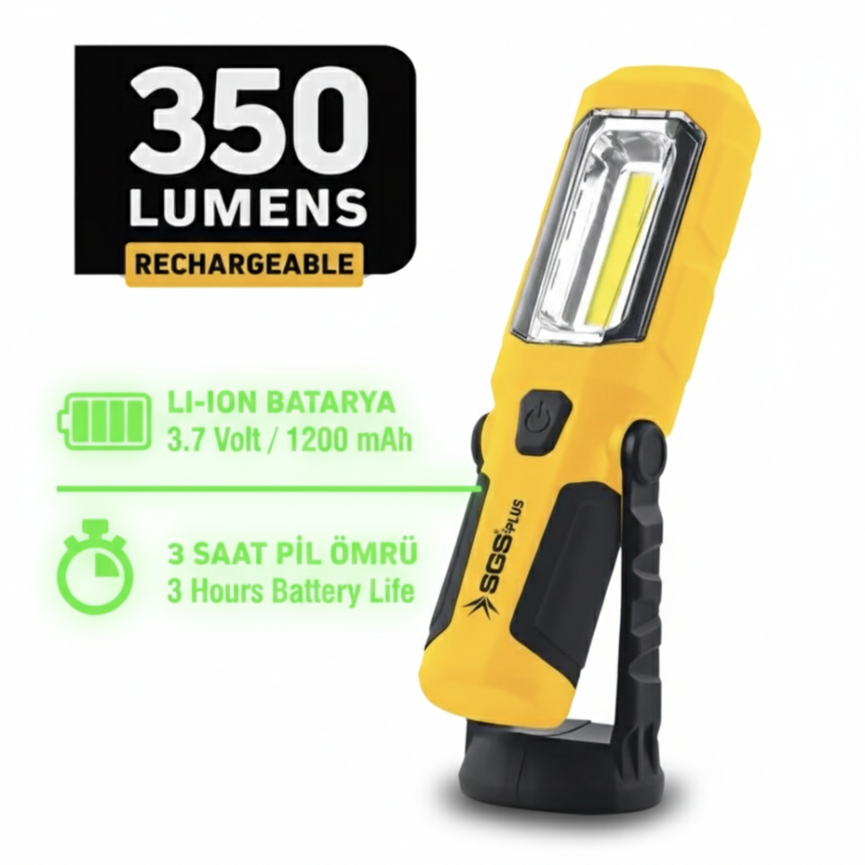Sgs Şarjlı Led Fener - 350 Lümen Güçlü Işık - Manyetik Taban