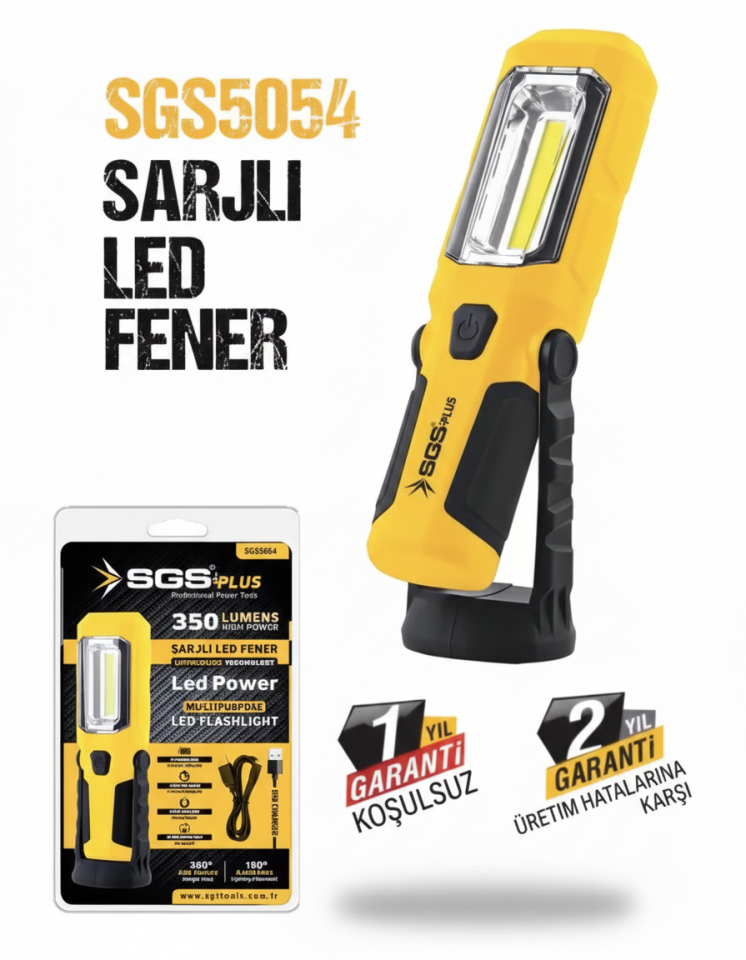 Sgs Şarjlı Led Fener - 350 Lümen Güçlü Işık - Manyetik Taban