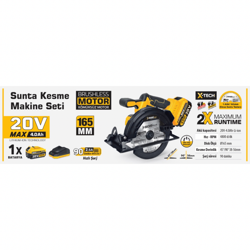 SGS X-Tech 20V 4.0Ah Akülü Sunta Kesme Makine Seti 165mm