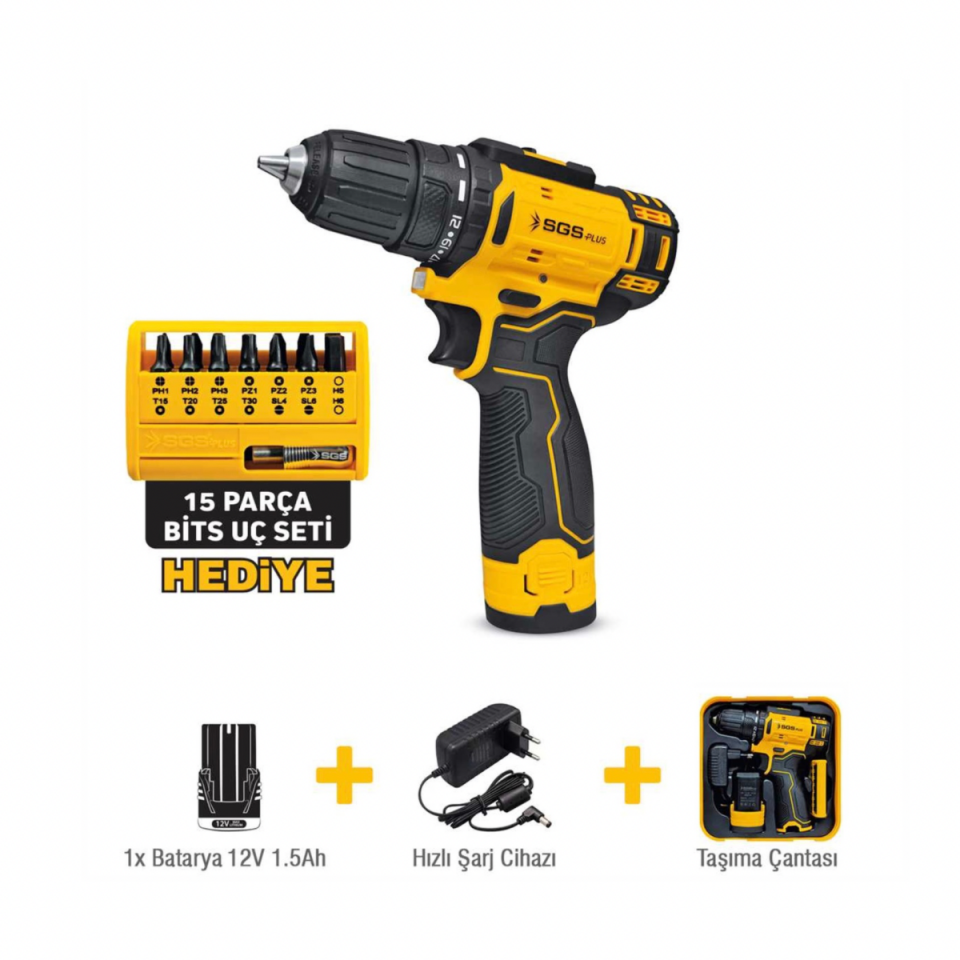 SGS 12V Akülü Vidalama Seti 1.5Ah | 15 Parça Bits Uç Seti Hediyeli
